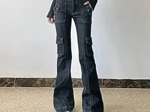 2025 Ropa Y2K Style Rivet Black Low Rise Slim Flared Cargo Jeans Pants For Women Clothing Old Lady Denim Trousers Pantalon Femme