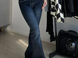 Kalevest Y2K High Street Low Rise Jeans Blue Women Pants Bootcut Pockets Jeans Streetwear Low Waist Jeans Wide Leg Pants
