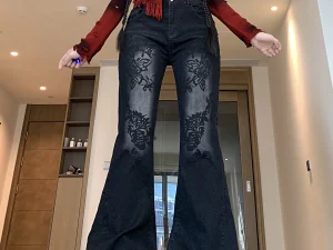 European and American Plant Print Washed Low-Waist Slim Flared Jeans Trendy
