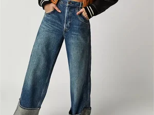 Chic Women Low Rise Cuffed Baggy Jeans Y2K Vintage Boyfriend Loose Fit Wide Leg Jeans Trendy Casual Denim Pants Streetwear